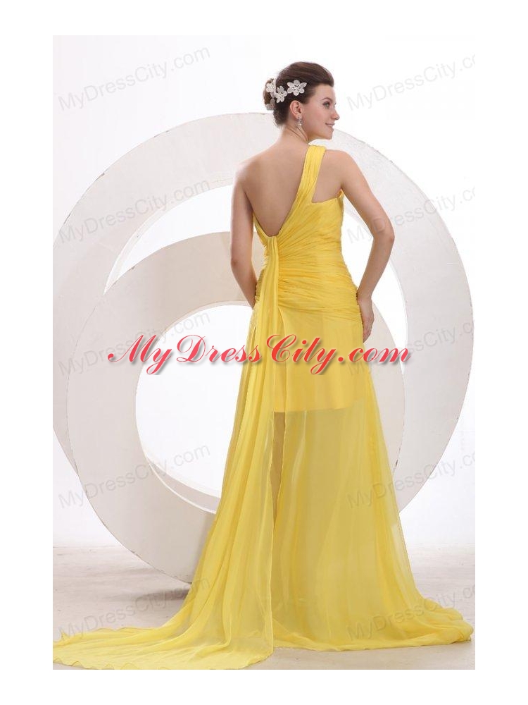 One Shoulder Chiffon Yellow Ruche Prom Dress with Watteau Train