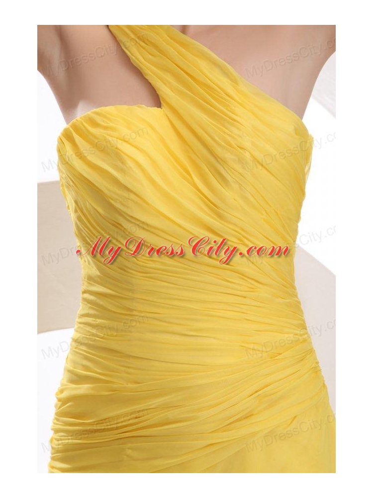 One Shoulder Chiffon Yellow Ruche Prom Dress with Watteau Train