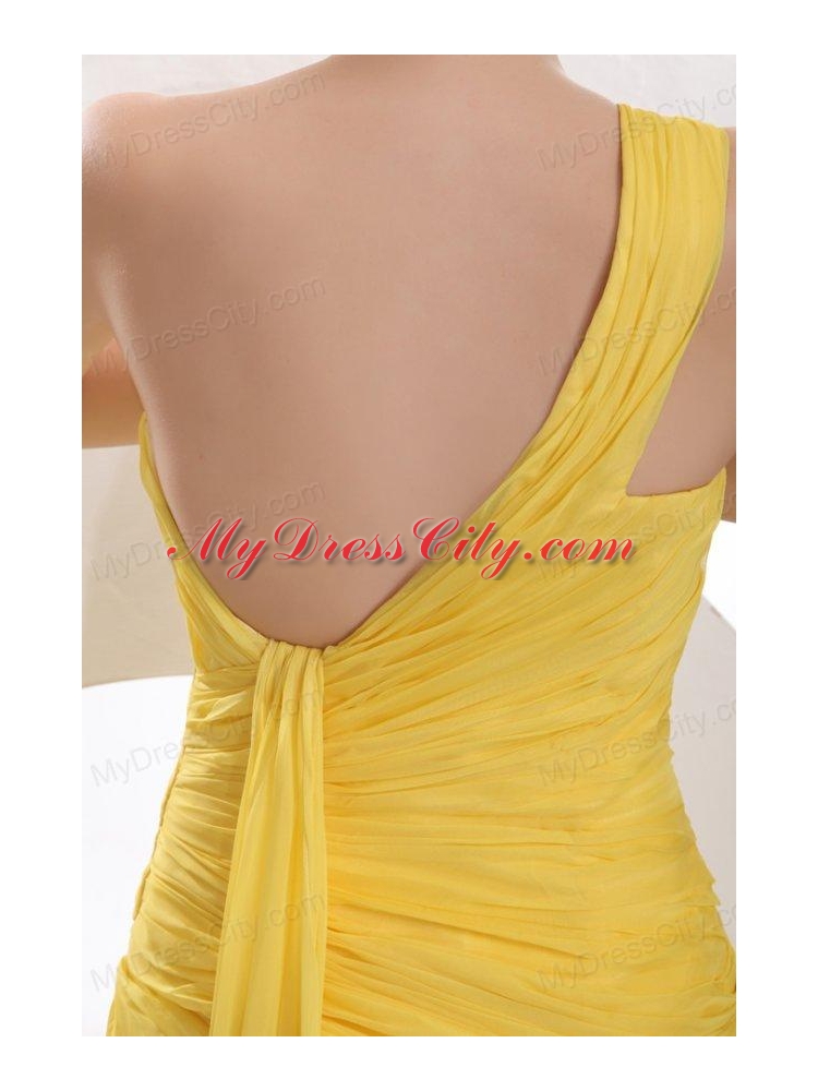 One Shoulder Chiffon Yellow Ruche Prom Dress with Watteau Train