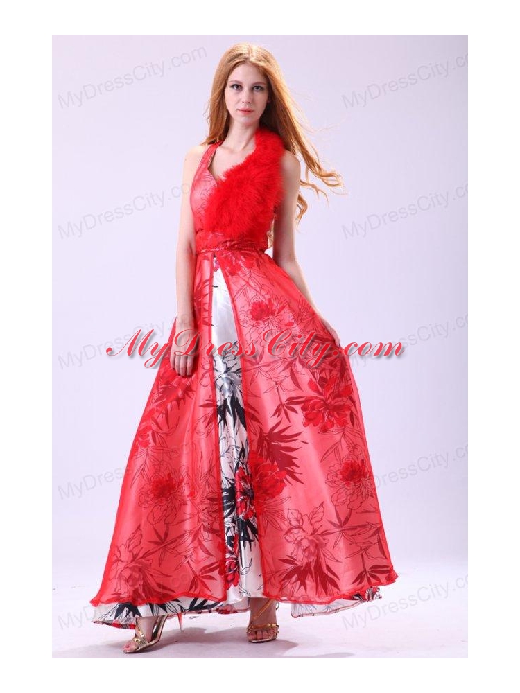 Red Empire Halter Long Beading Chiffon 2014 Prom Dress