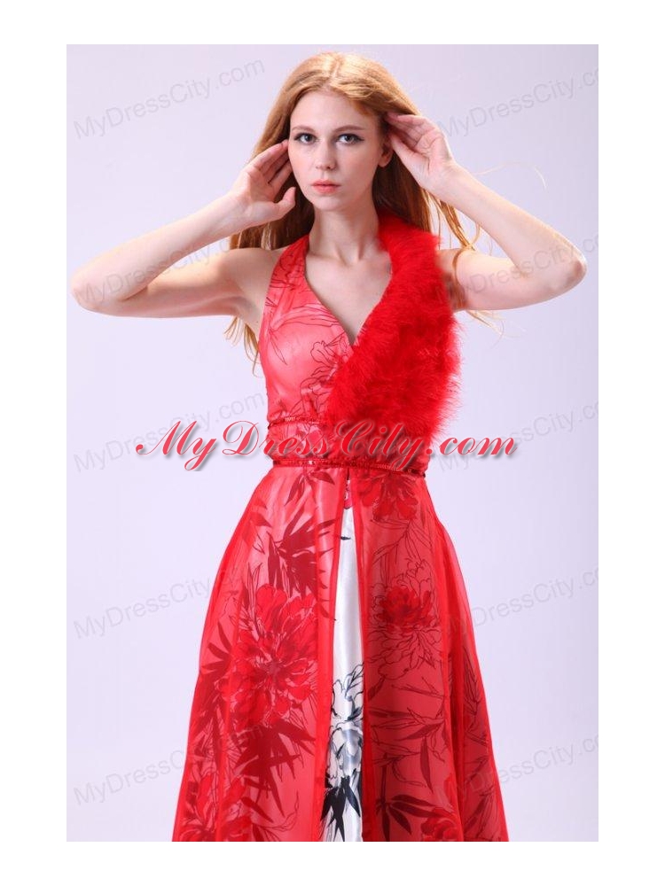 Red Empire Halter Long Beading Chiffon 2014 Prom Dress