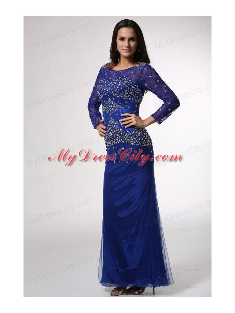 Royal Blue Column Scoop Beaded Prom Dress with Long Sleeves