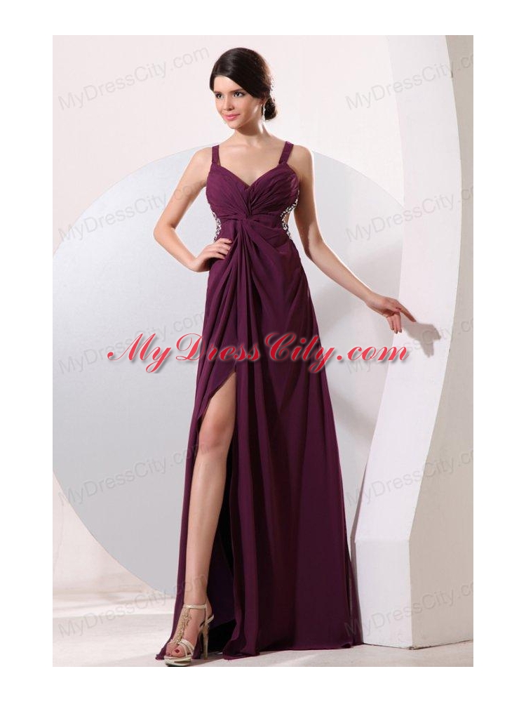 Straps Chiffon Beading and High Silt Prom Dress with Criss-cross Back