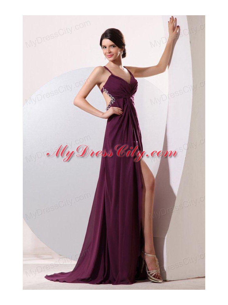 Straps Chiffon Beading and High Silt Prom Dress with Criss-cross Back