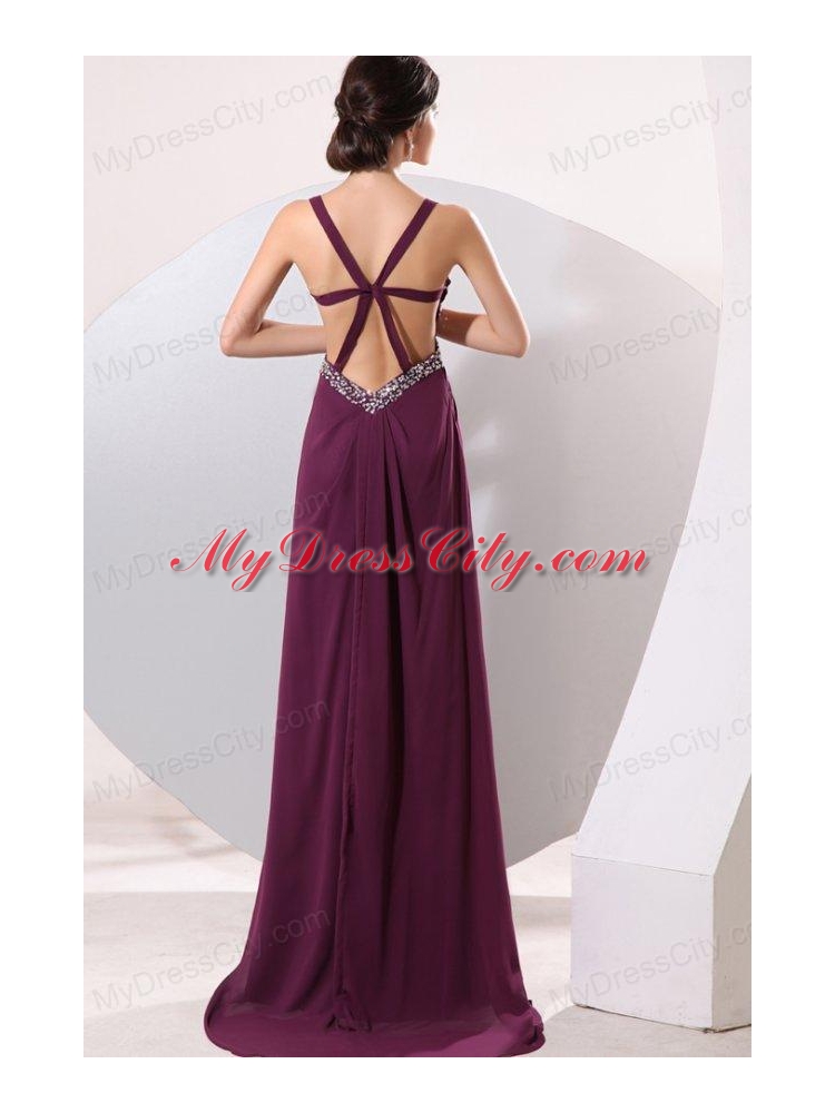 Straps Chiffon Beading and High Silt Prom Dress with Criss-cross Back