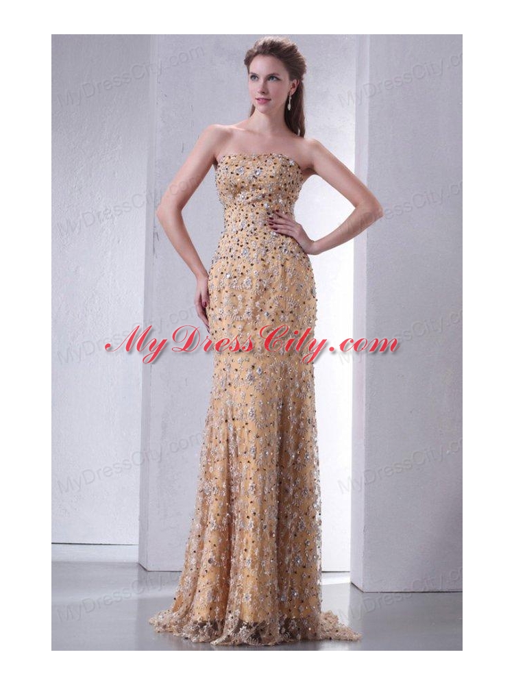 Unique Brush Train Column Prom Dress with Lace and Beading