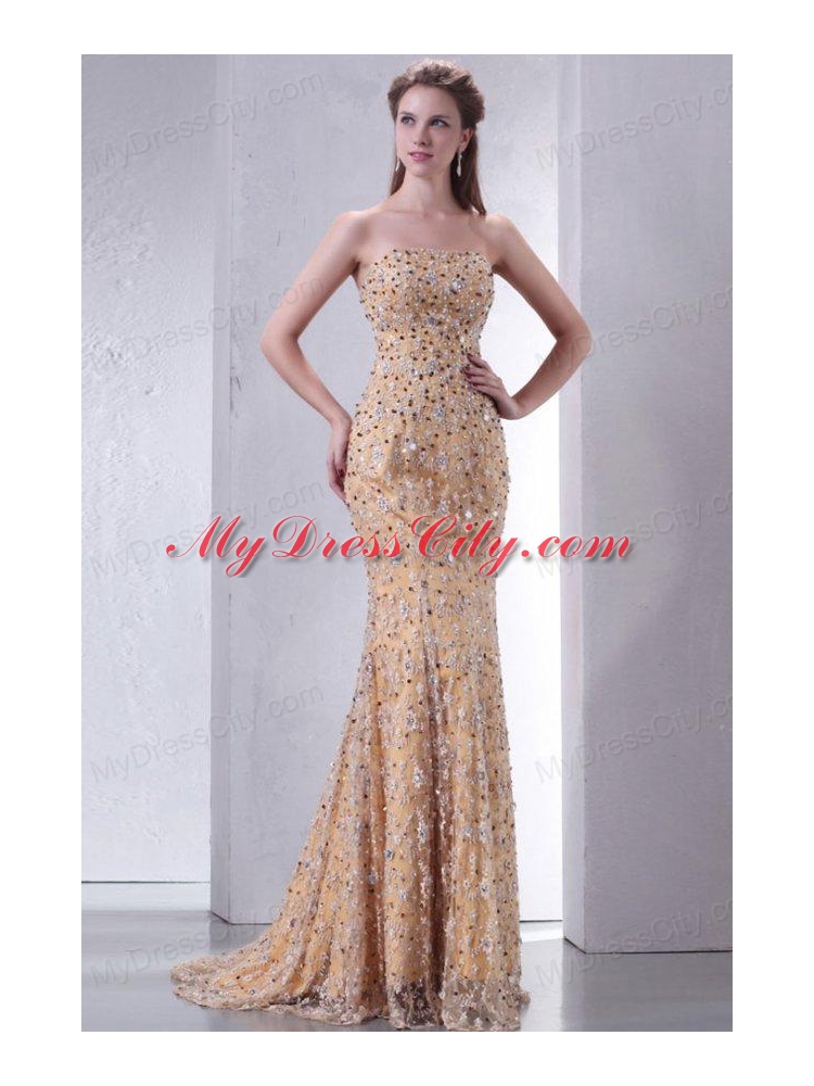 Unique Brush Train Column Prom Dress with Lace and Beading