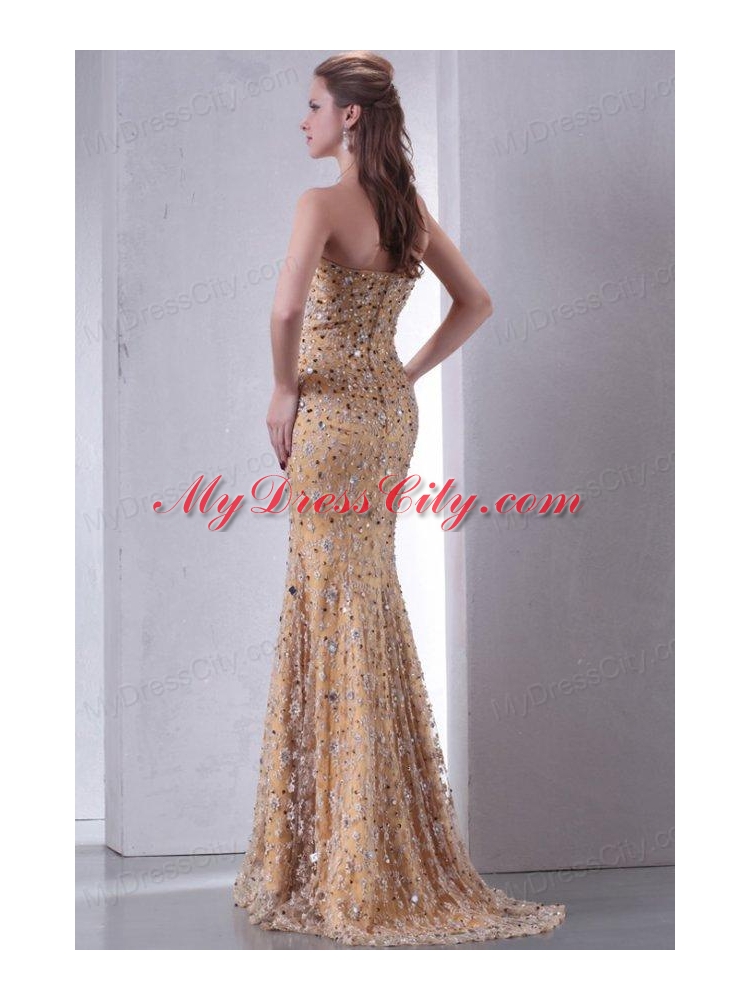 Unique Brush Train Column Prom Dress with Lace and Beading