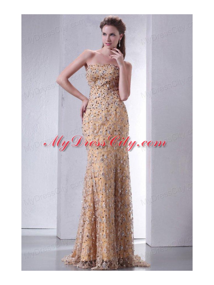 Unique Brush Train Column Prom Dress with Lace and Beading