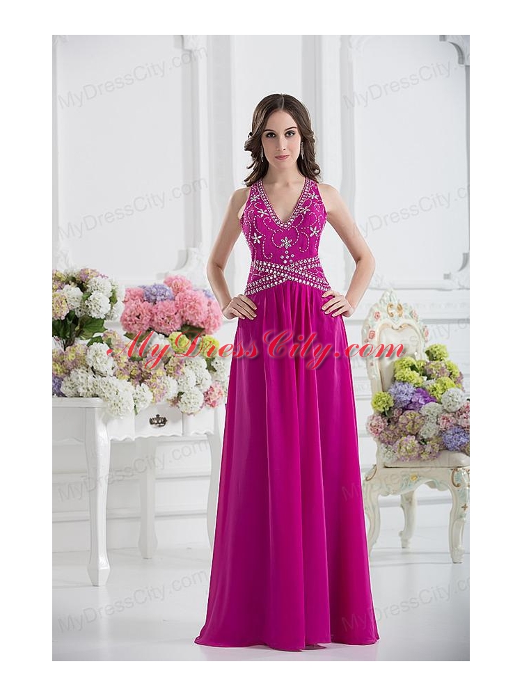 V-neck Empire Floor-length Prom Dress in Fuchsia with Appliques