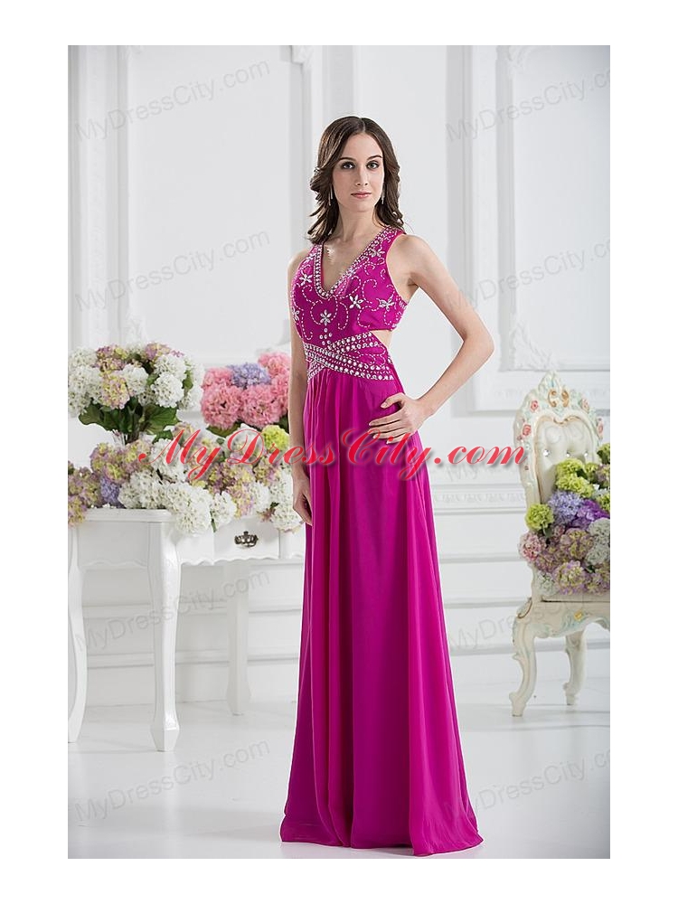 V-neck Empire Floor-length Prom Dress in Fuchsia with Appliques