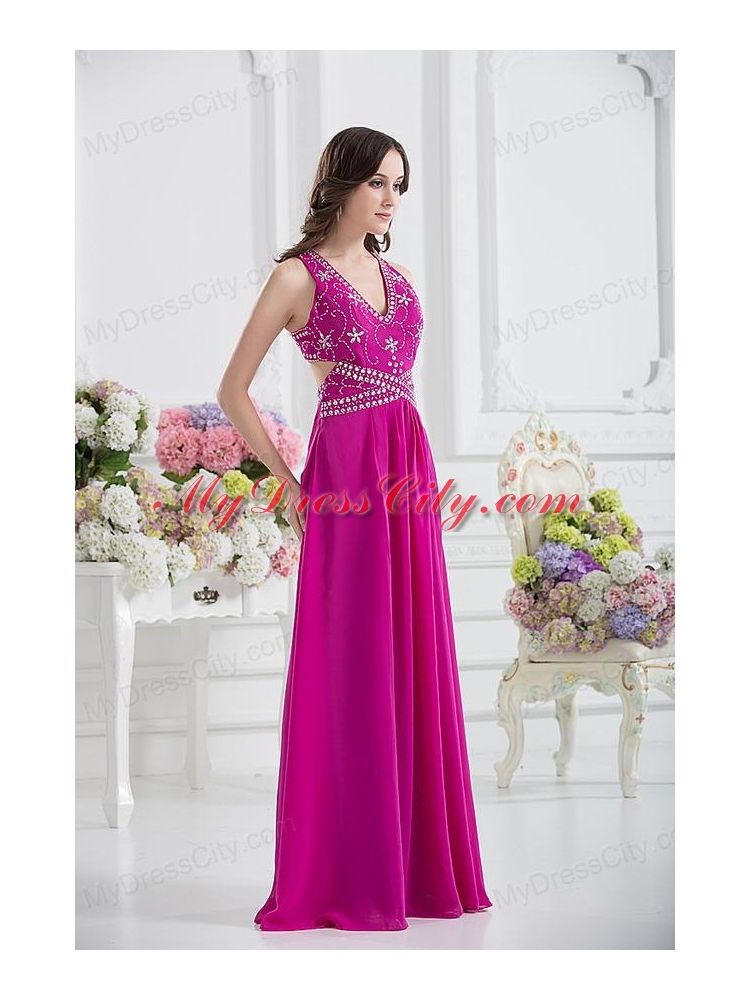 V-neck Empire Floor-length Prom Dress in Fuchsia with Appliques