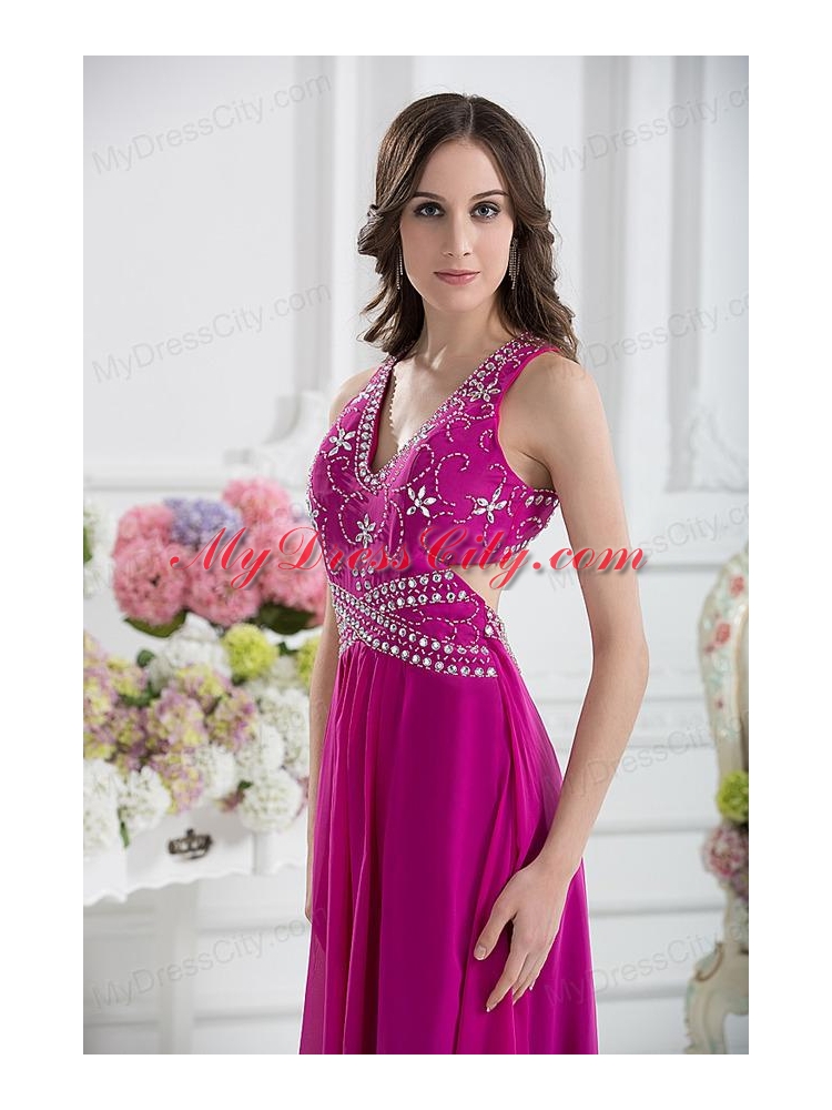 V-neck Empire Floor-length Prom Dress in Fuchsia with Appliques