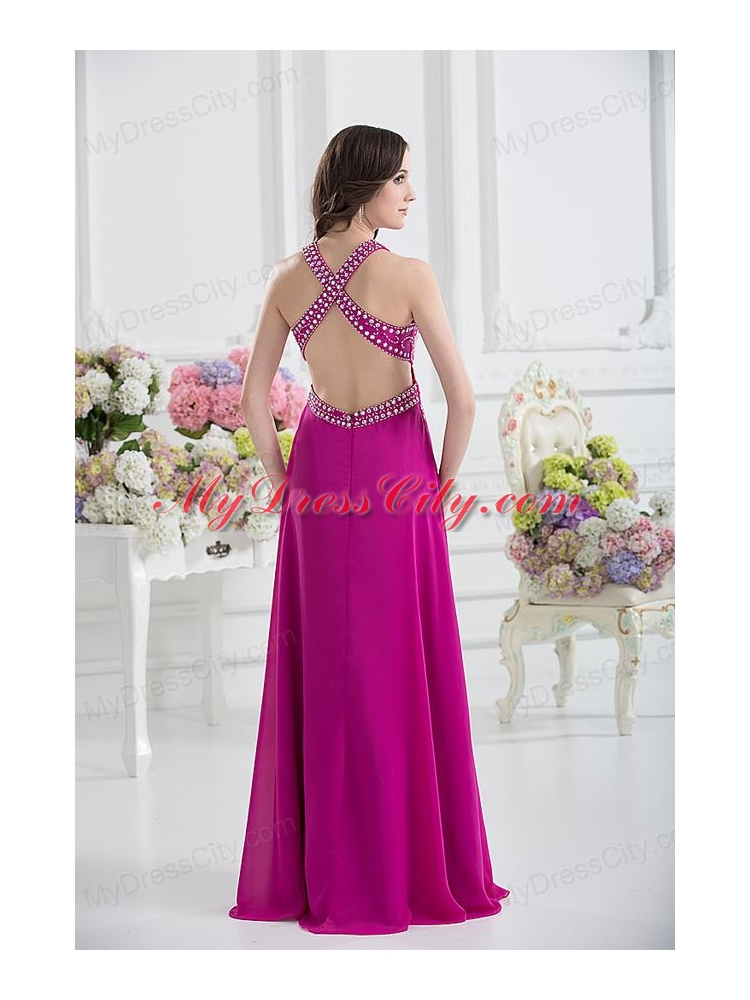 V-neck Empire Floor-length Prom Dress in Fuchsia with Appliques