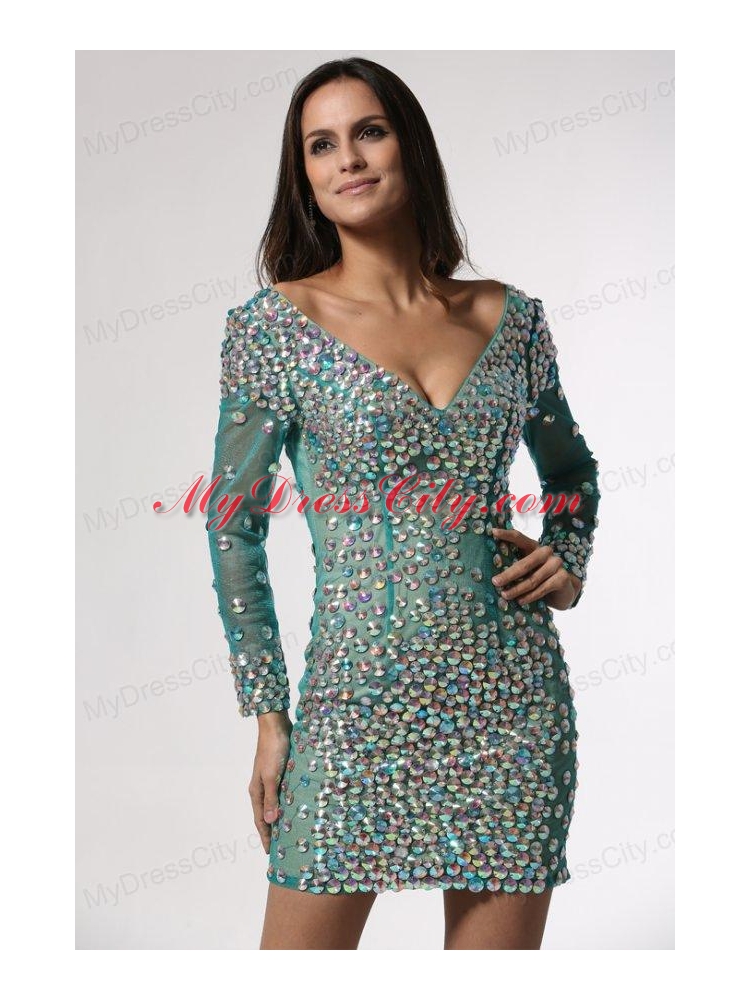 V-neck Long Sleeves Turquoise Short Prom Dress with Beading