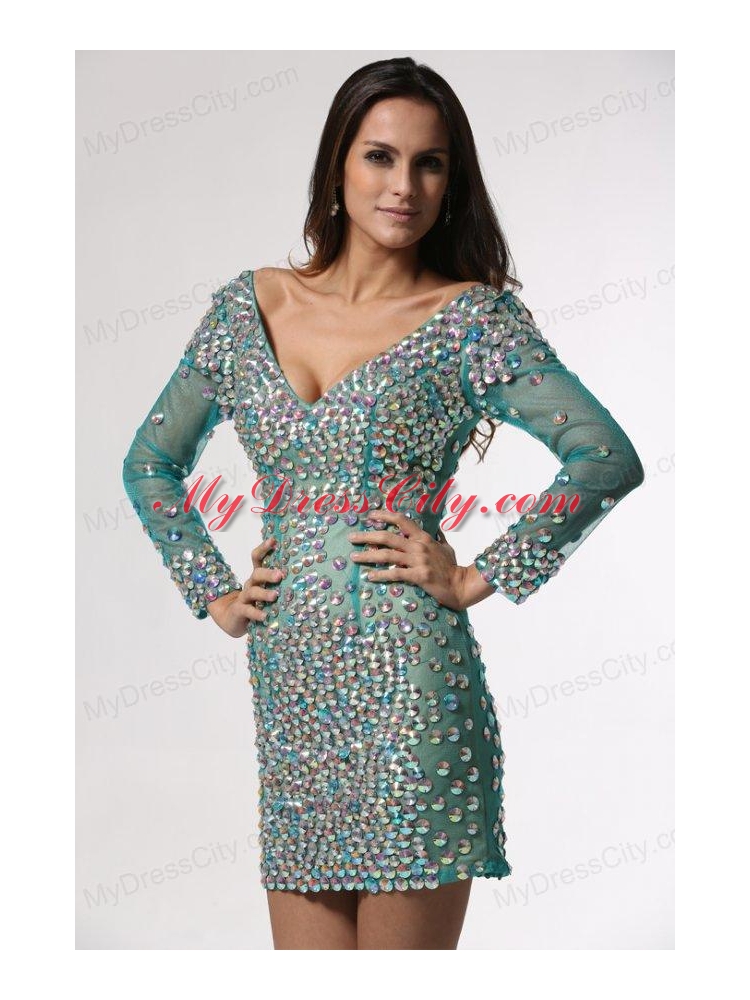 V-neck Long Sleeves Turquoise Short Prom Dress with Beading