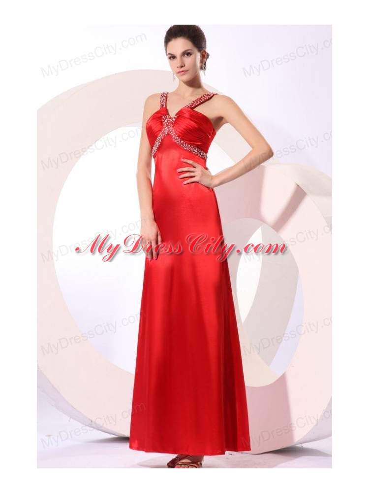 Wine Red Column Straps Beading and Ruching Prom Dress