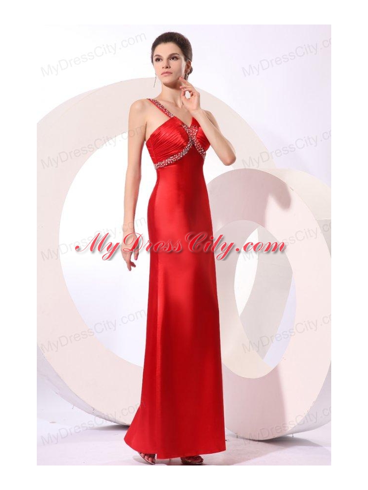 Wine Red Column Straps Beading and Ruching Prom Dress