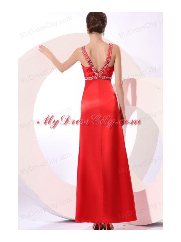 Wine Red Column Straps Beading and Ruching Prom Dress