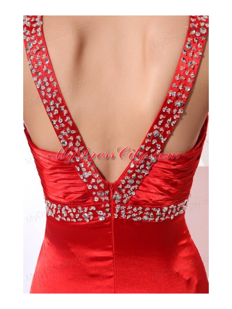 Wine Red Column Straps Beading and Ruching Prom Dress