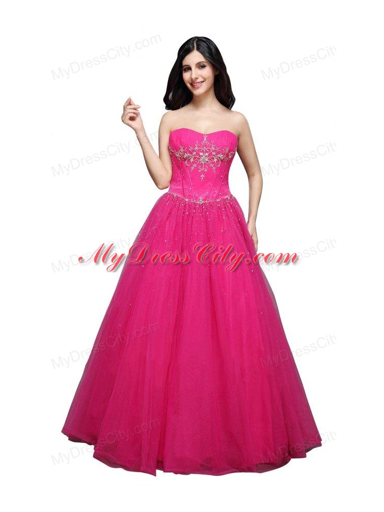 A-line Strapless  Hot Pink Appliques Organza Beading Prom Dress