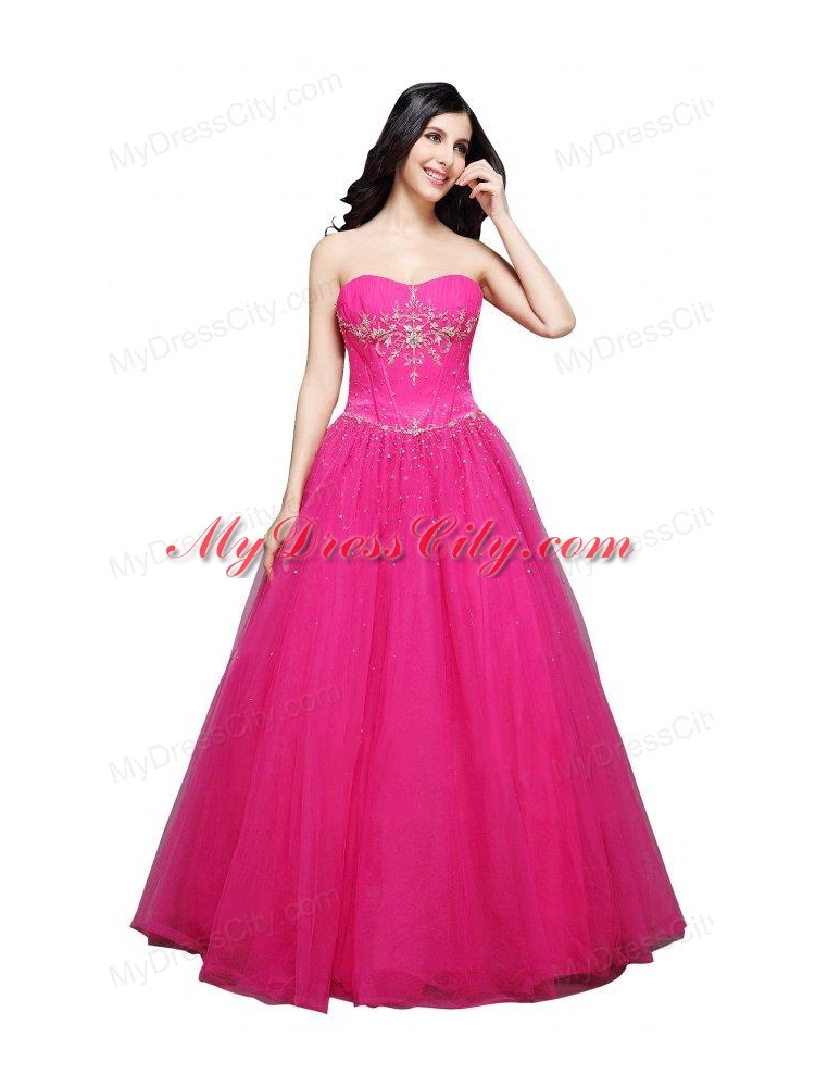 A-line Strapless  Hot Pink Appliques Organza Beading Prom Dress