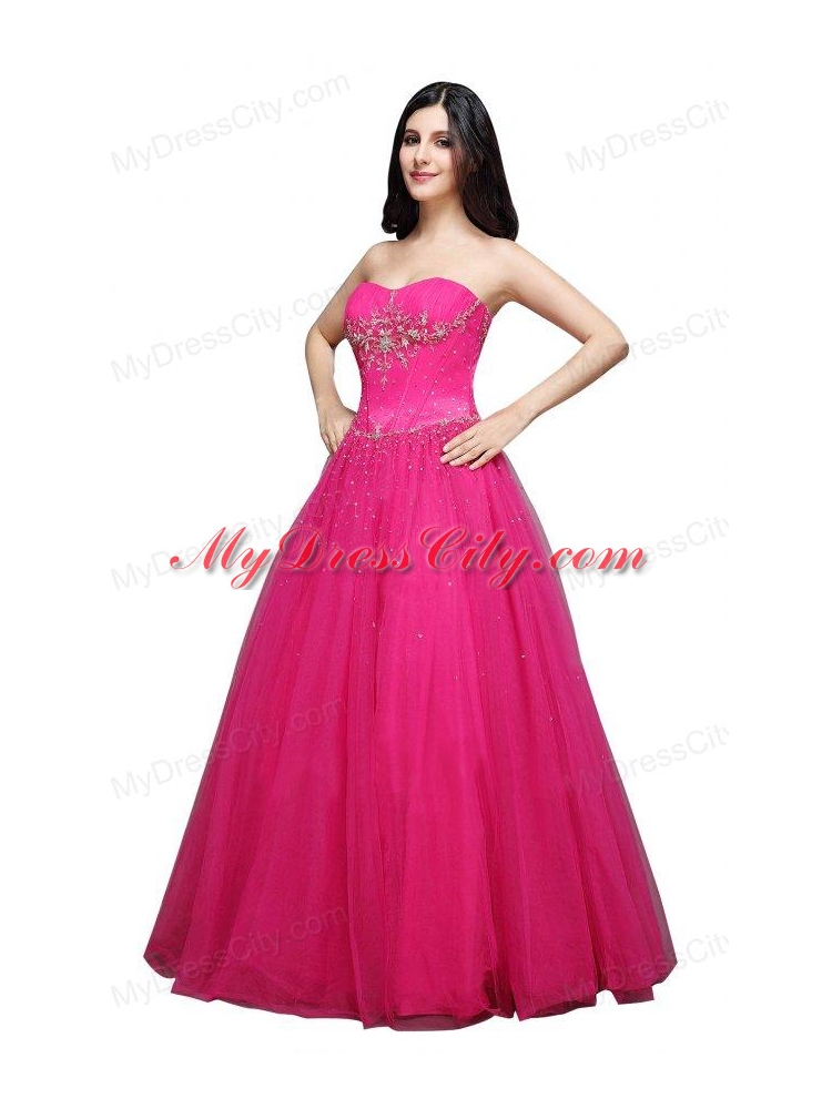 A-line Strapless  Hot Pink Appliques Organza Beading Prom Dress