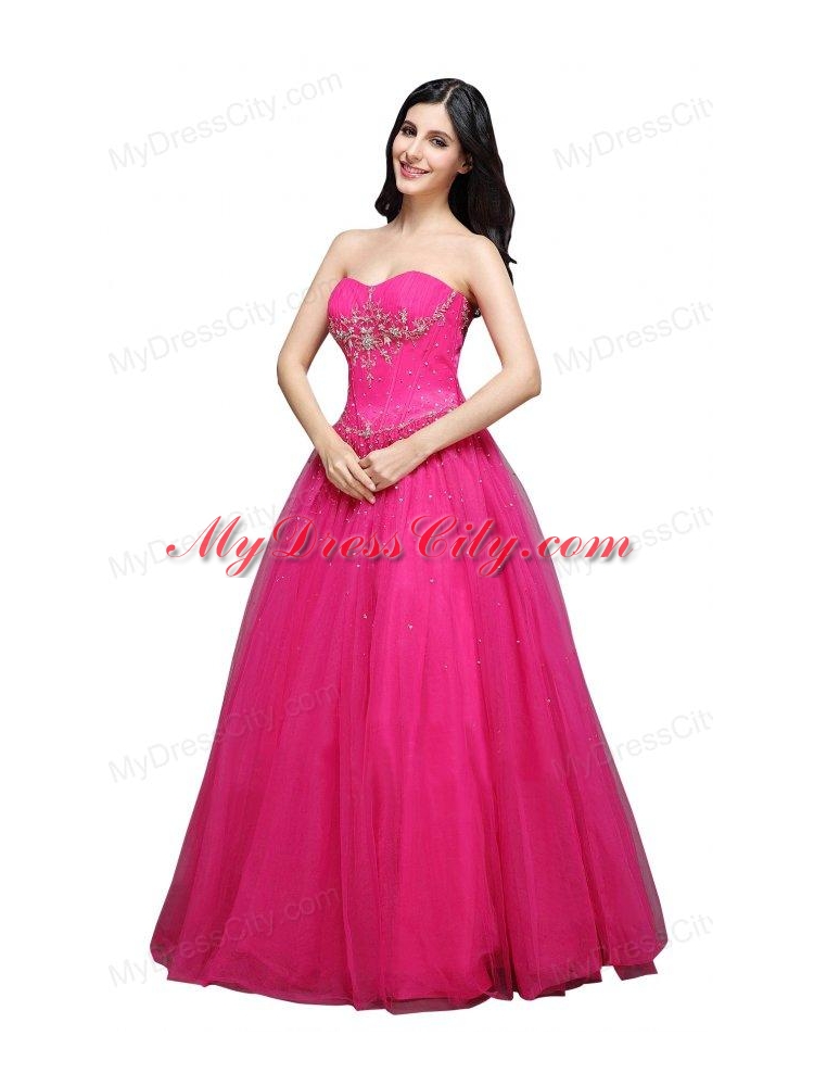 A-line Strapless  Hot Pink Appliques Organza Beading Prom Dress