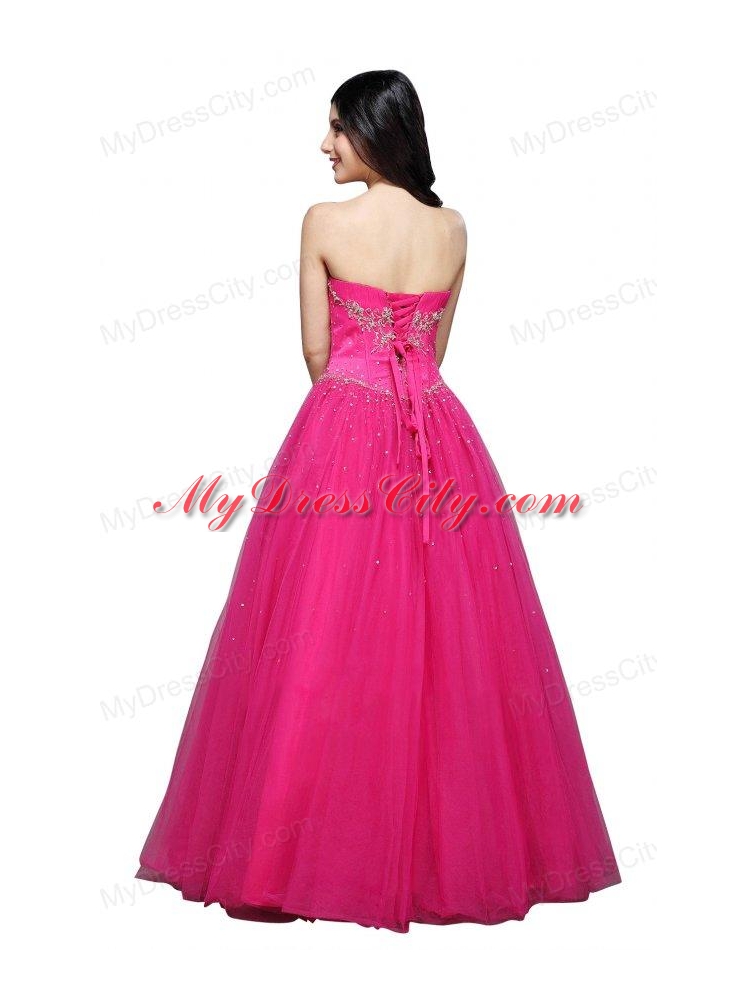 A-line Strapless  Hot Pink Appliques Organza Beading Prom Dress