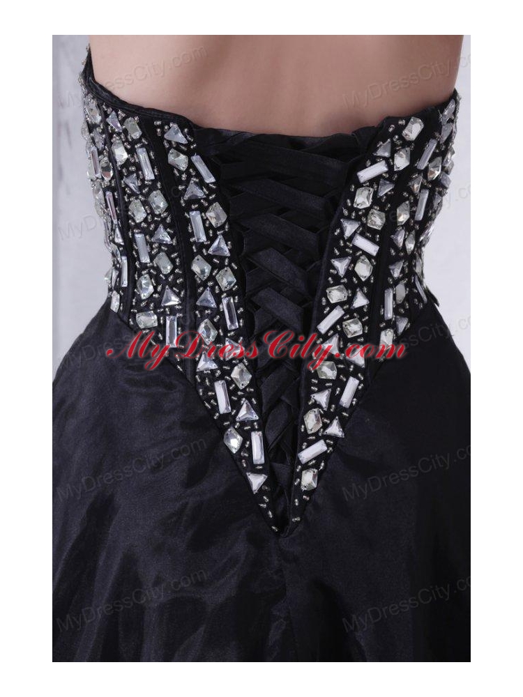 A-line Sweetheart Black Organza Long Prom Dress with Rhinestone