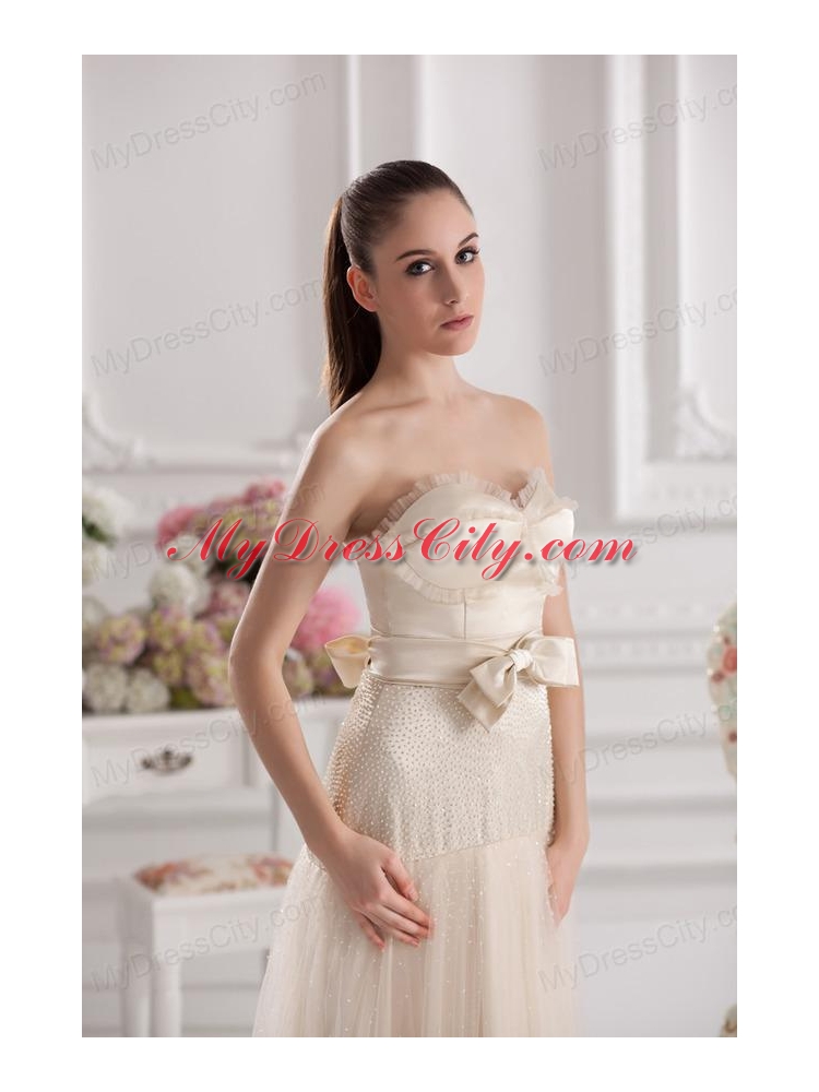 A-line Sweetheart Floor-length Bowknot Champagne Prom Dress