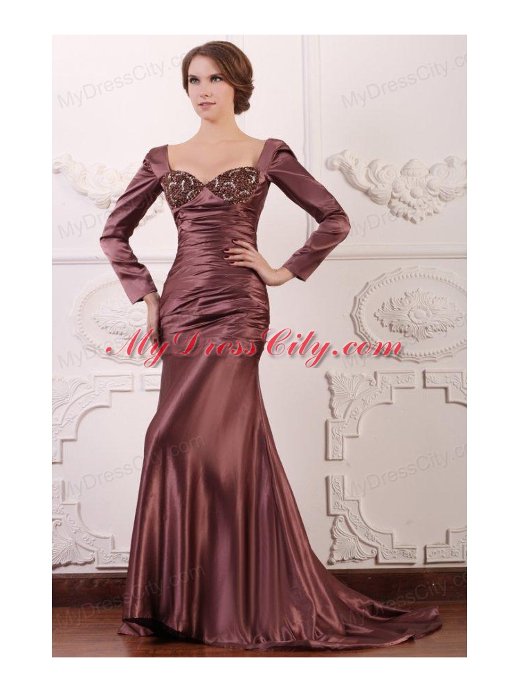 Appliqued Burgundy Column Square Prom Dress with Long Sleeves