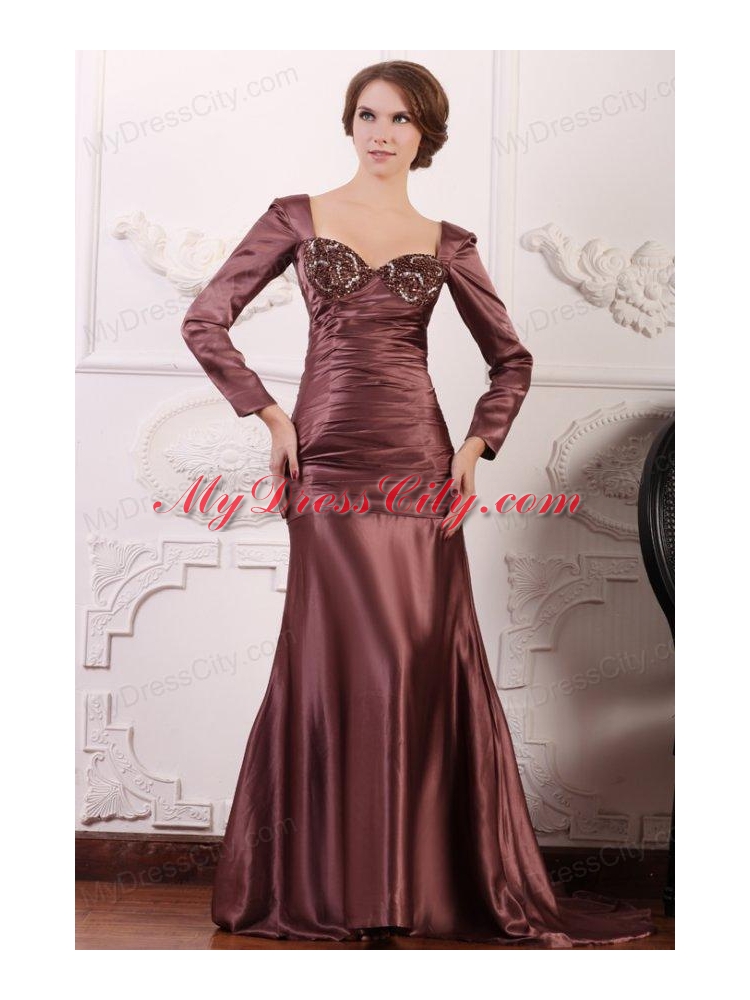 Appliqued Burgundy Column Square Prom Dress with Long Sleeves