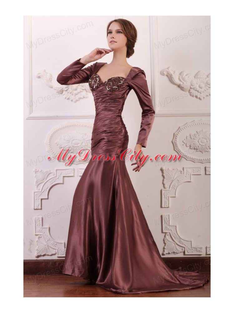 Appliqued Burgundy Column Square Prom Dress with Long Sleeves