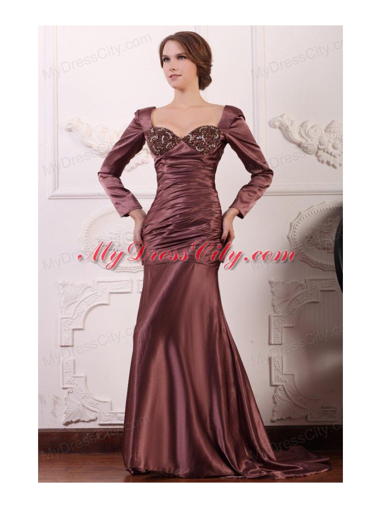 Appliqued Burgundy Column Square Prom Dress with Long Sleeves