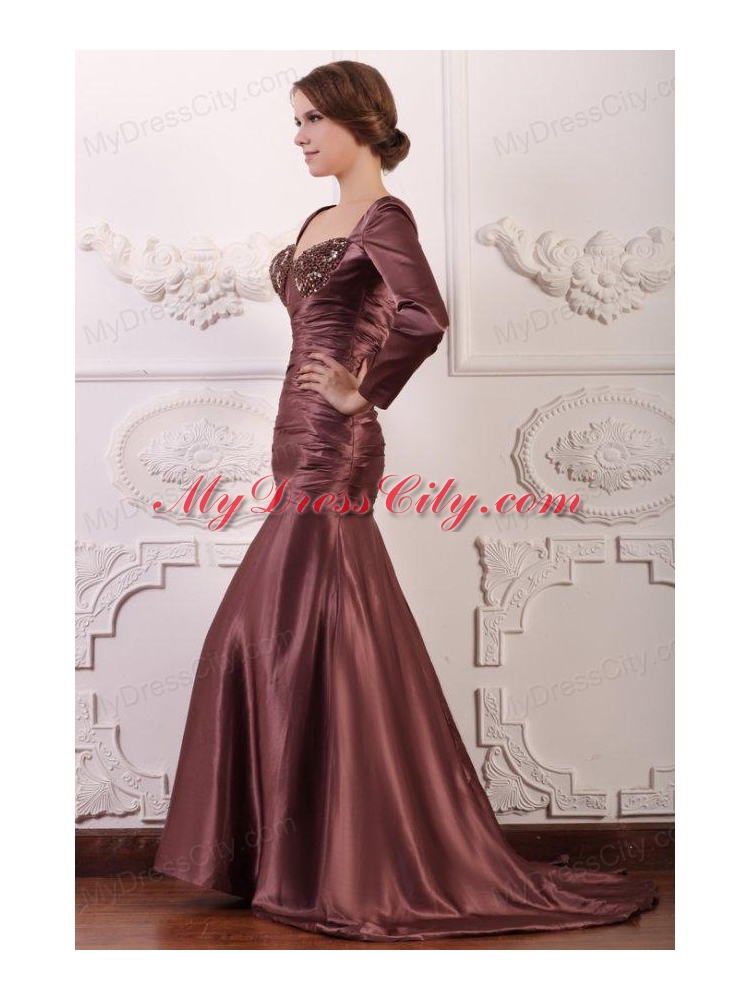 Appliqued Burgundy Column Square Prom Dress with Long Sleeves