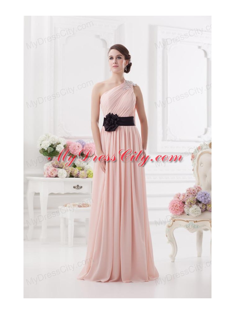 Baby Pink Empire One Shoulder Prom Dress with Ruching and Handle Made Flower