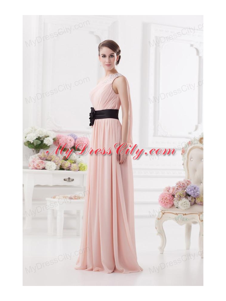 Baby Pink Empire One Shoulder Prom Dress with Ruching and Handle Made Flower