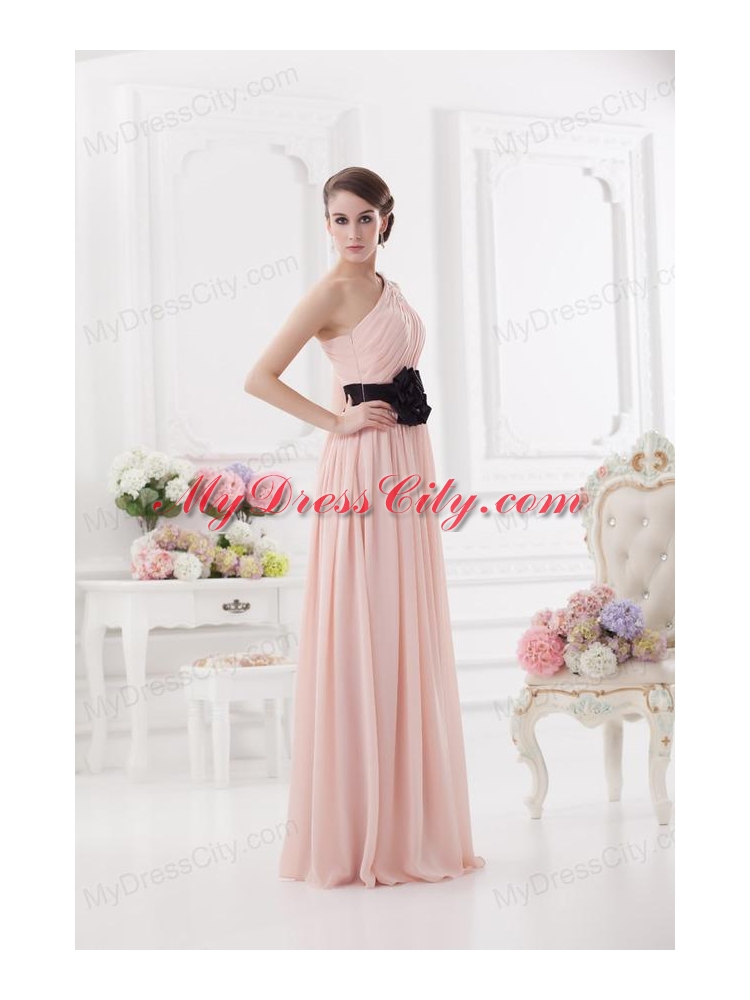 Baby Pink Empire One Shoulder Prom Dress with Ruching and Handle Made Flower