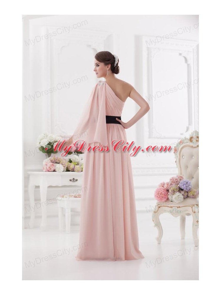 Baby Pink Empire One Shoulder Prom Dress with Ruching and Handle Made Flower