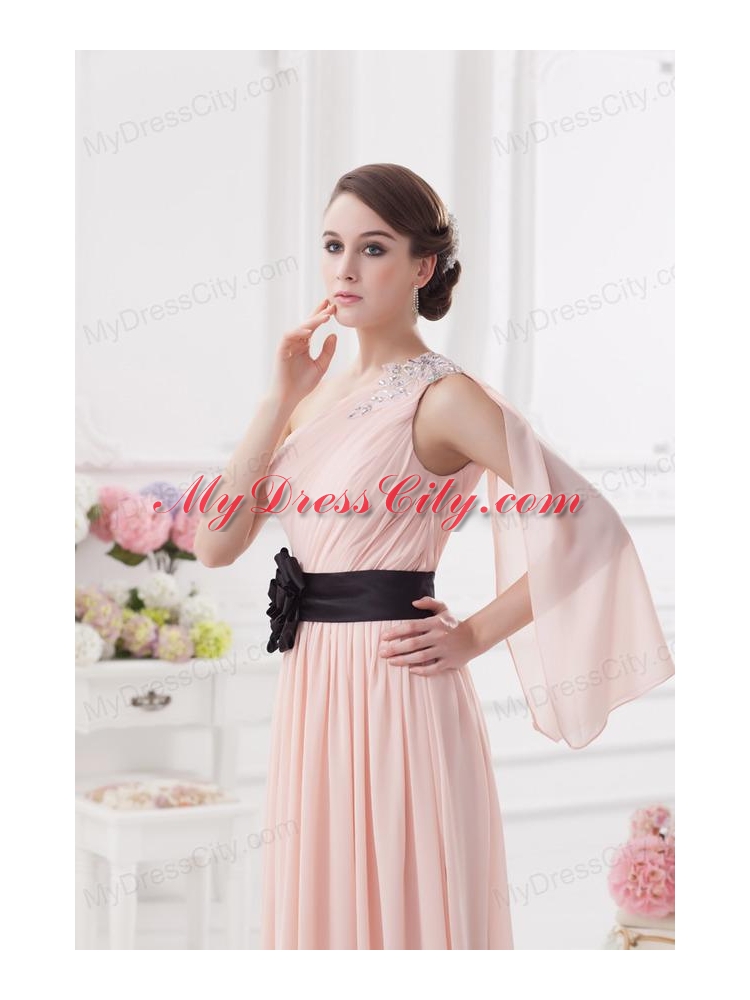 Baby Pink Empire One Shoulder Prom Dress with Ruching and Handle Made Flower