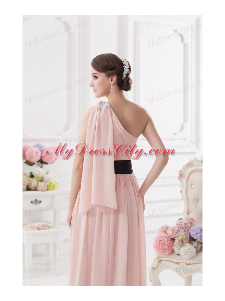 Baby Pink Empire One Shoulder Prom Dress with Ruching and Handle Made Flower