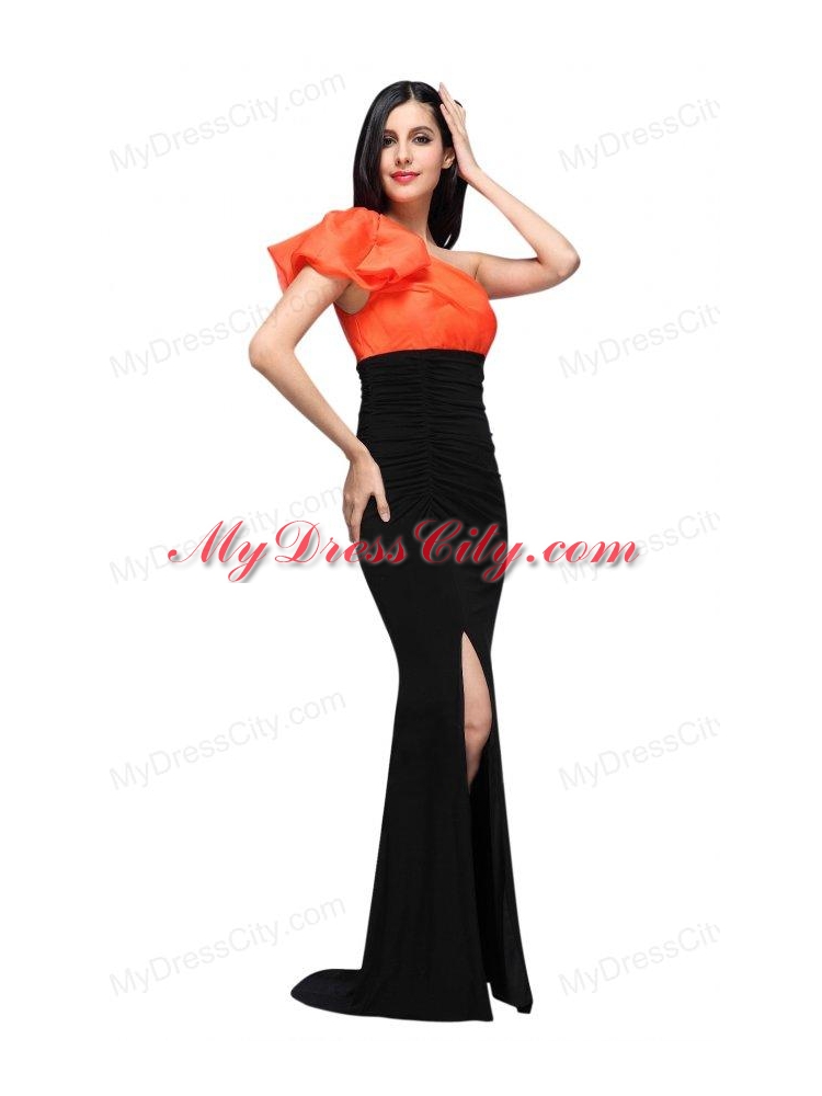 Black and Orange One Shoulder Column High Silt Prom Dress with Train