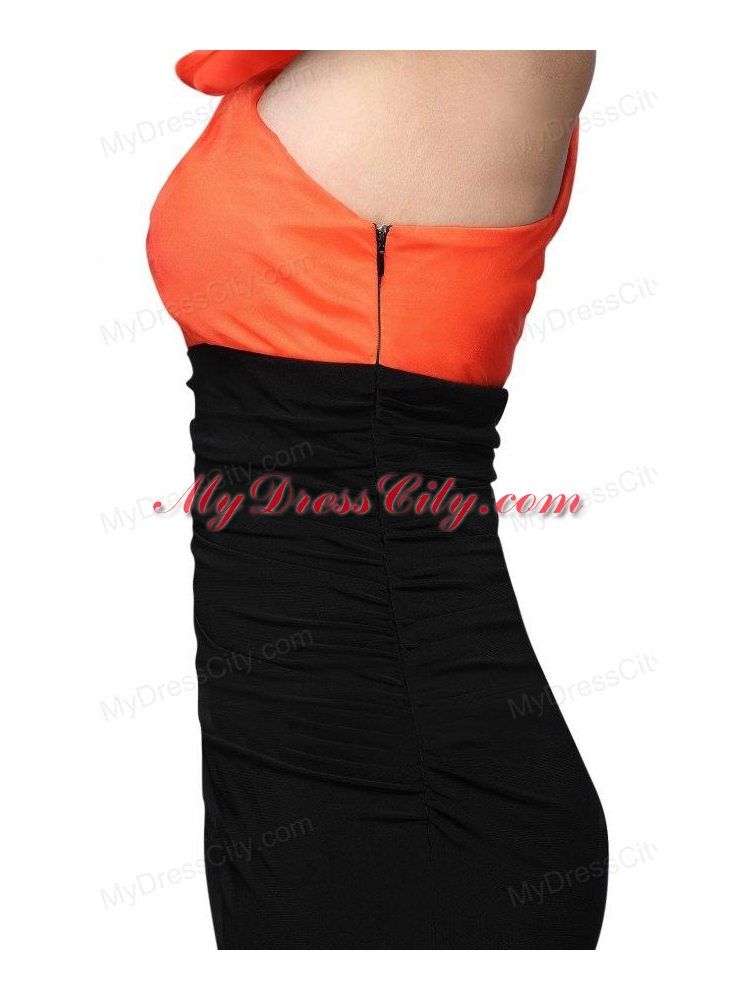 Black and Orange One Shoulder Column High Silt Prom Dress with Train