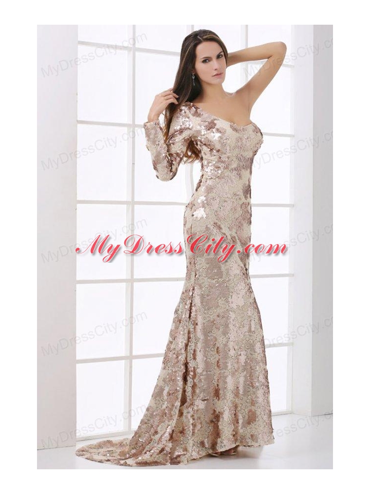 Champagne One Shoulder Lace Long Sleeve Prom Dress with Sequins