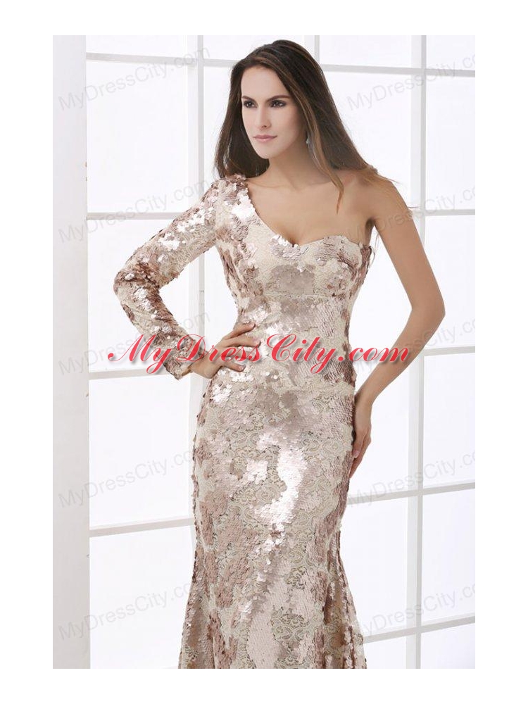 Champagne One Shoulder Lace Long Sleeve Prom Dress with Sequins