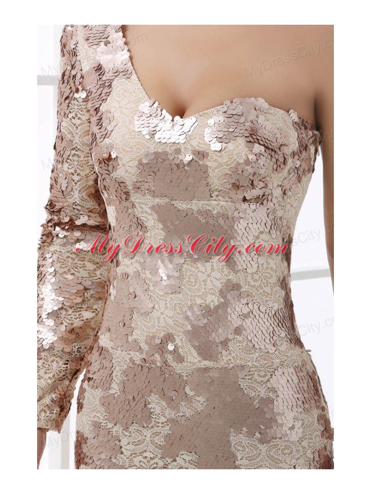 Champagne One Shoulder Lace Long Sleeve Prom Dress with Sequins