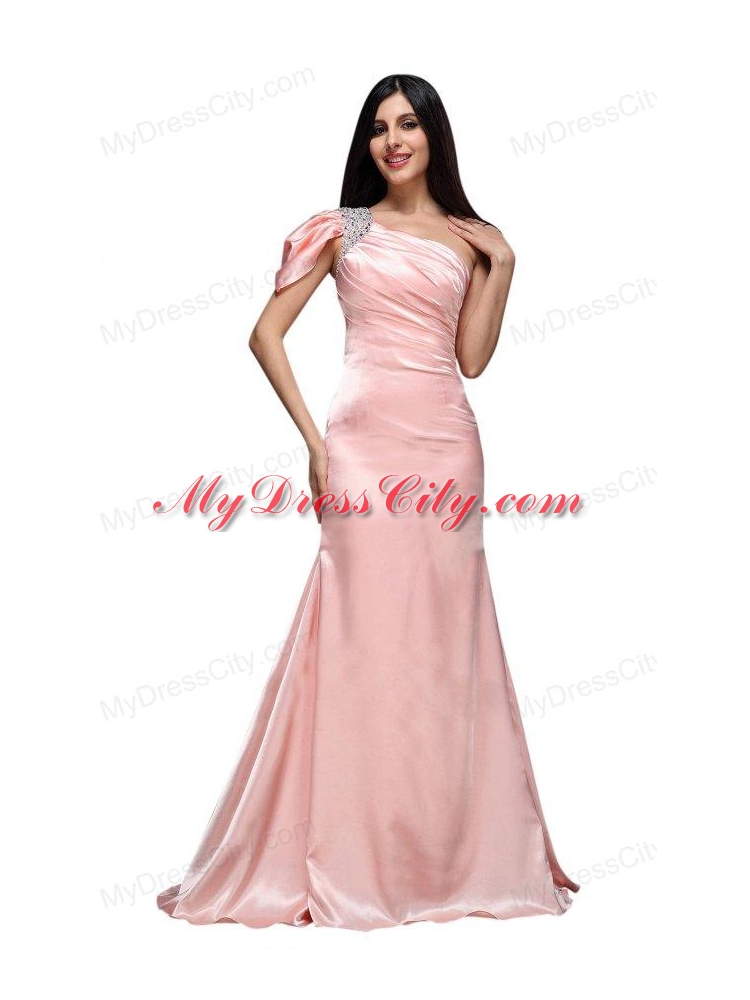 Column Baby Pink One Shoulder Beading and Ruching  Prom Dress