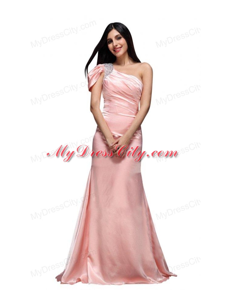 Column Baby Pink One Shoulder Beading and Ruching  Prom Dress