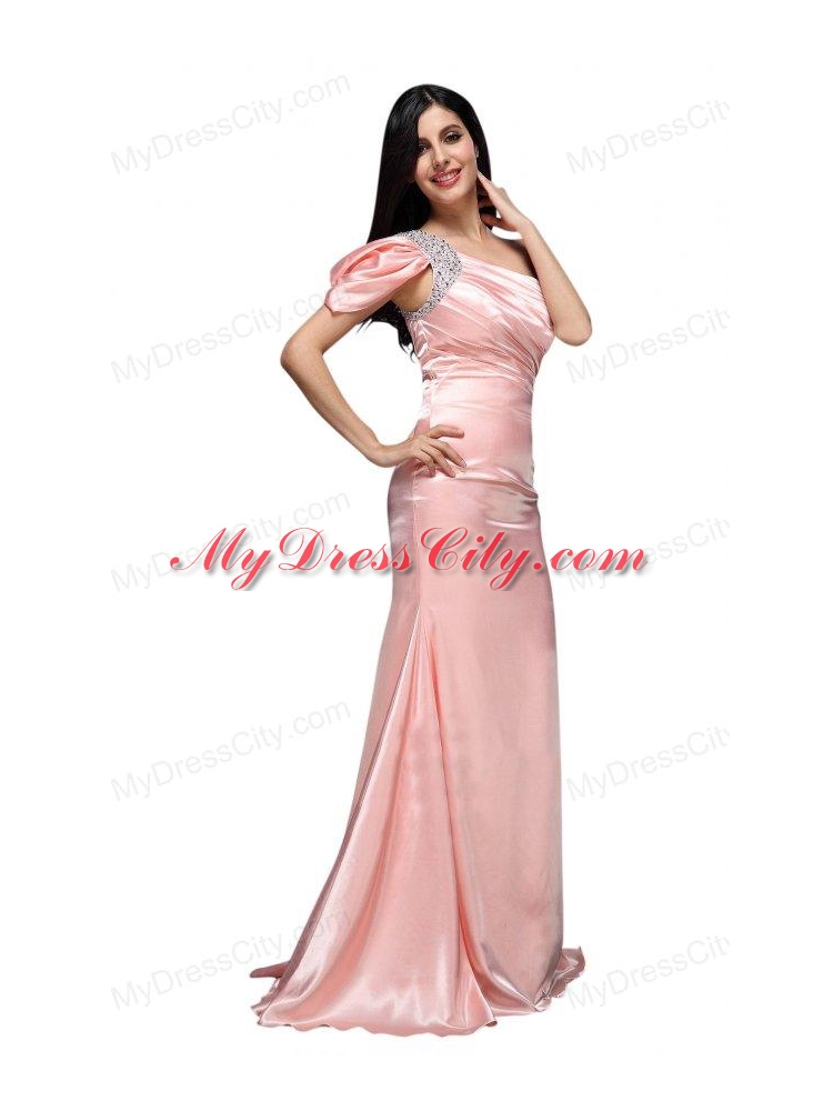 Column Baby Pink One Shoulder Beading and Ruching  Prom Dress